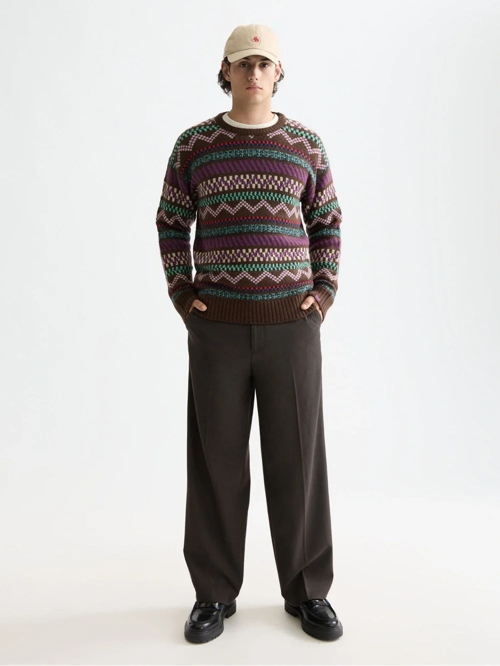 Scotch & Soda Fair Isle Jacquard Crewneck Sweater Brown Multi Mohair Blend L NWT